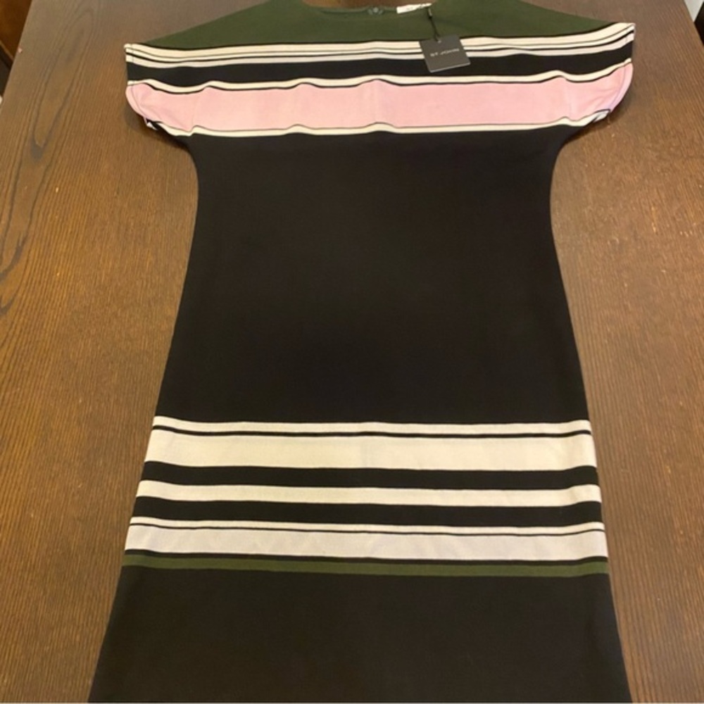St. John Black Mini Dress with Pink and White Stripes